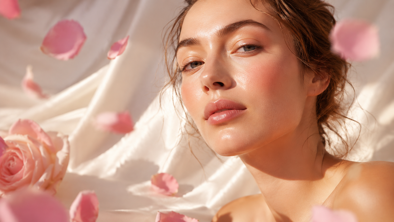 Woman with flowers and petals around her on a soft background